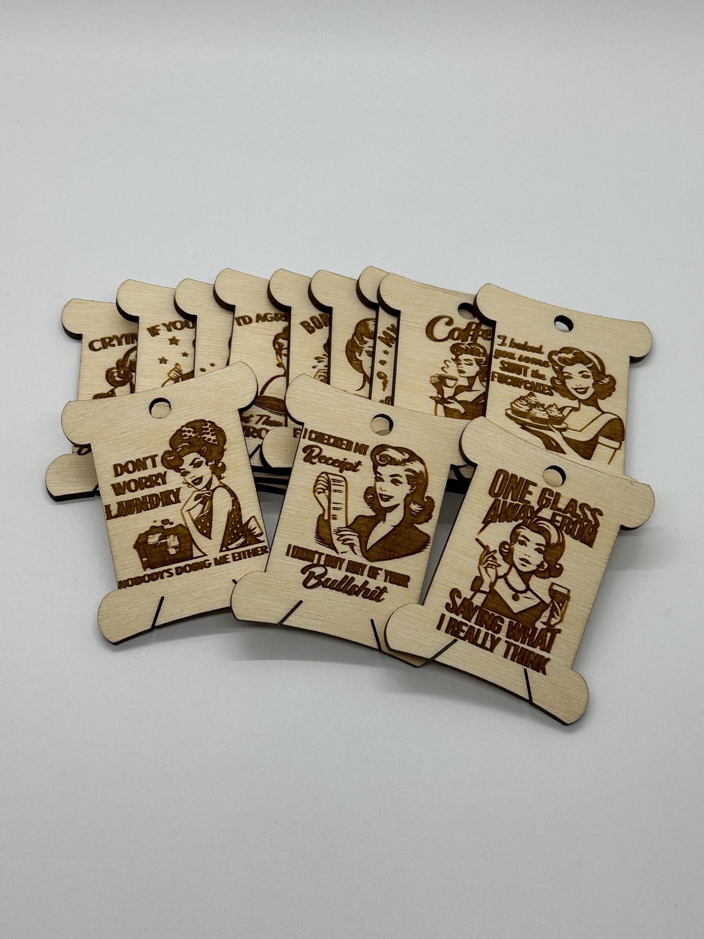 Wooden Bobbins - Pinup Retro Women with Sarcastic Quotes Floss Organizer - Embroidery, Cross Stitch, Needlepoint - Sewing Storage Obscurious Creations