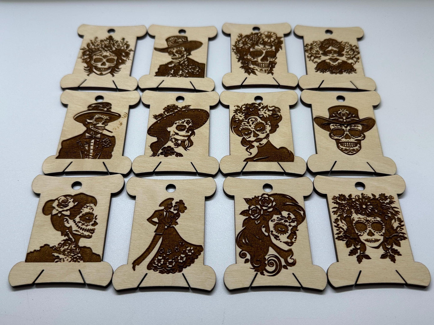 Sugar Skulls -Wooden Bobbins, Floss Organizer - Embroidery, Cross Stitch, Needlepoint - Sewing Storage Velvet Guillotine