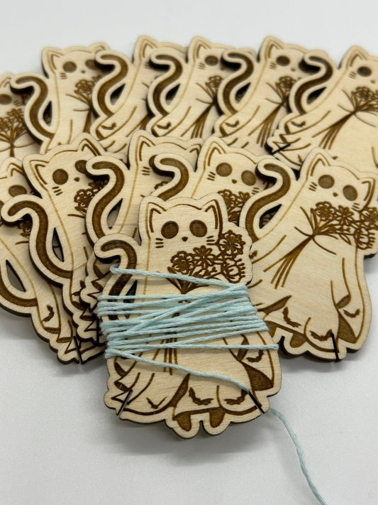 Wooden Ghost Cat with Flowers Floss Bobbin - Thread Organizer - Embroidery | Cross Stitch | Needlepoint | Crewel - Obscurious Creations