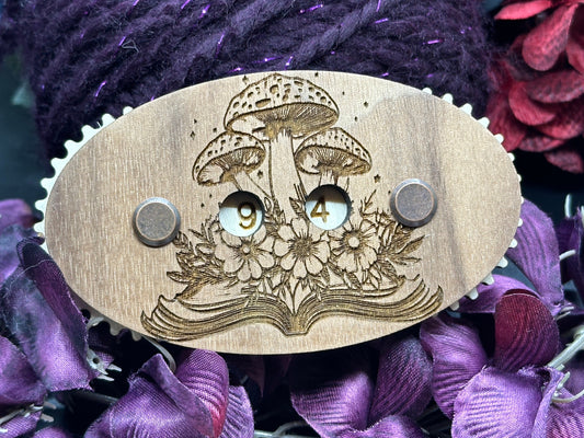 Mushrooms and books - handcrafted wooden row counter for knitting and crochet